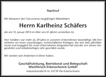 Traueranzeige von Karlheinz Schäfers von Medienhaus Bauer